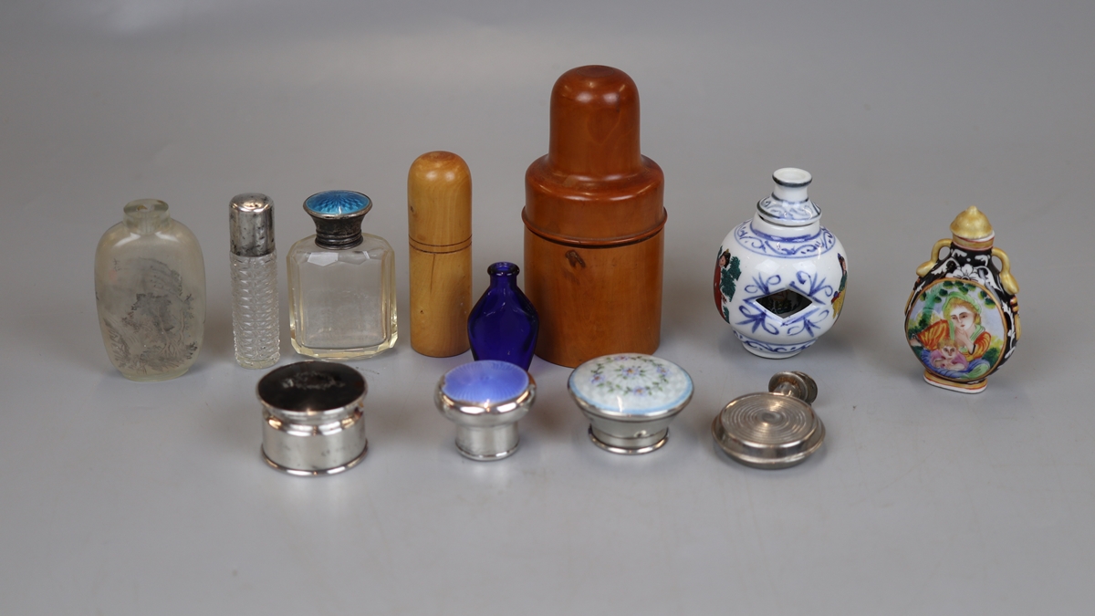 Scent Bottles to include Chinese and Scent Bottle lids of Sterling Silver with Enamel
