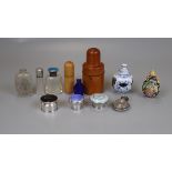 Scent Bottles to include Chinese and Scent Bottle lids of Sterling Silver with Enamel