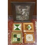 4 framed tiles together with early print Mrs Siddons by Thomas Gainsborough