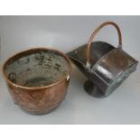 Copper coal scuttle together with a copper log basket