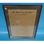 Manchester Guardian 1821 newspaper front page in frame