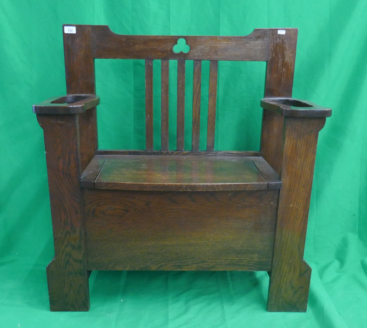Arts & Crafts oak hall seat with stick stand