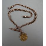 9ct gold double curb watch chain with T-bar and mounted full sovereign - Approx gross weight 47g