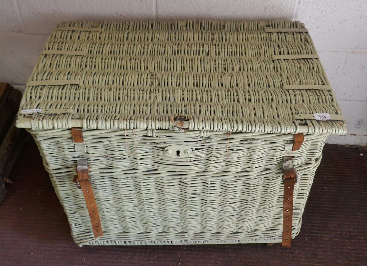 Antique fitted wicker basket on casters - Approx size W: 80cm D: 51cm H: 58cm