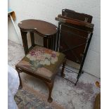 Collection of furniture to include Edwardian trouser press, tapestry foot stool etc
