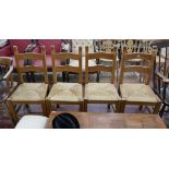 Set of 4 beech and rush seated dining chairs