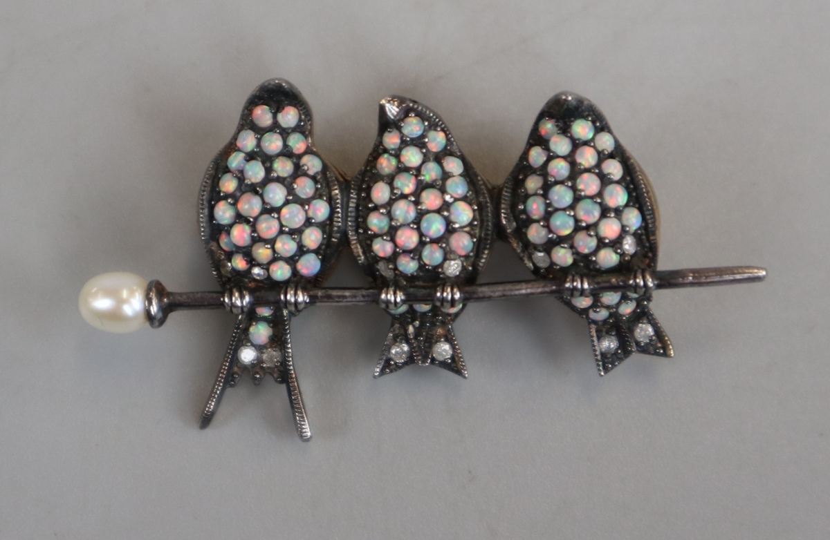 Silver and opal brooch - Birds on perch