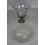 Antique etched glass vase together with plate depicting horse