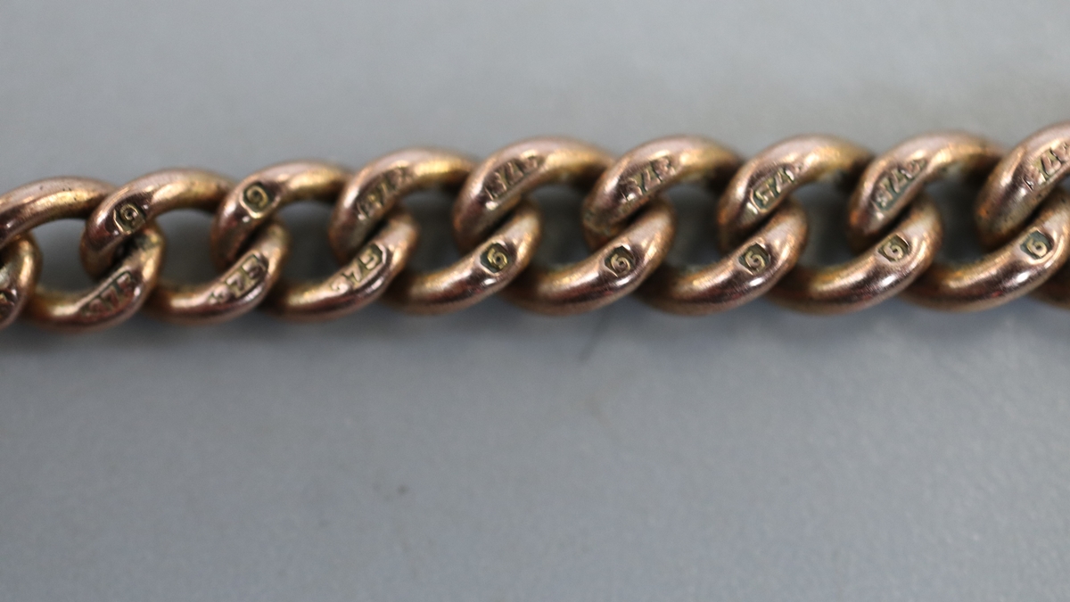 9ct gold double curb watch chain with T-bar and mounted full sovereign - Approx gross weight 47g - Bild 6 aus 6