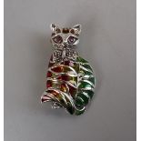 Silver and enamel cat brooch