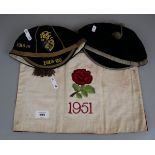 2 antique Rugby caps & England & Wales corner flag 1951