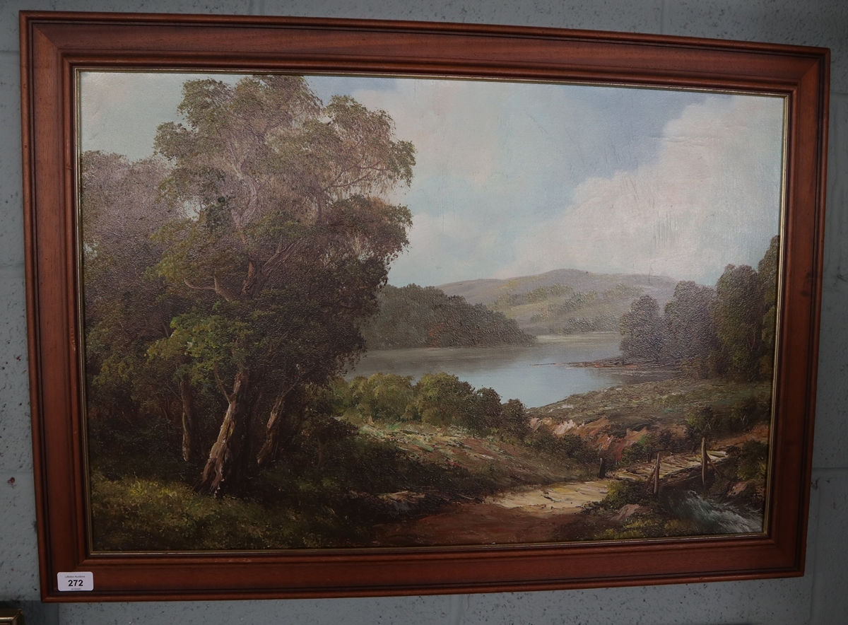 Oil on canvas - Lake scene - H. Chilton - Approx image size: 75cm x 50cm - Bild 2 aus 3