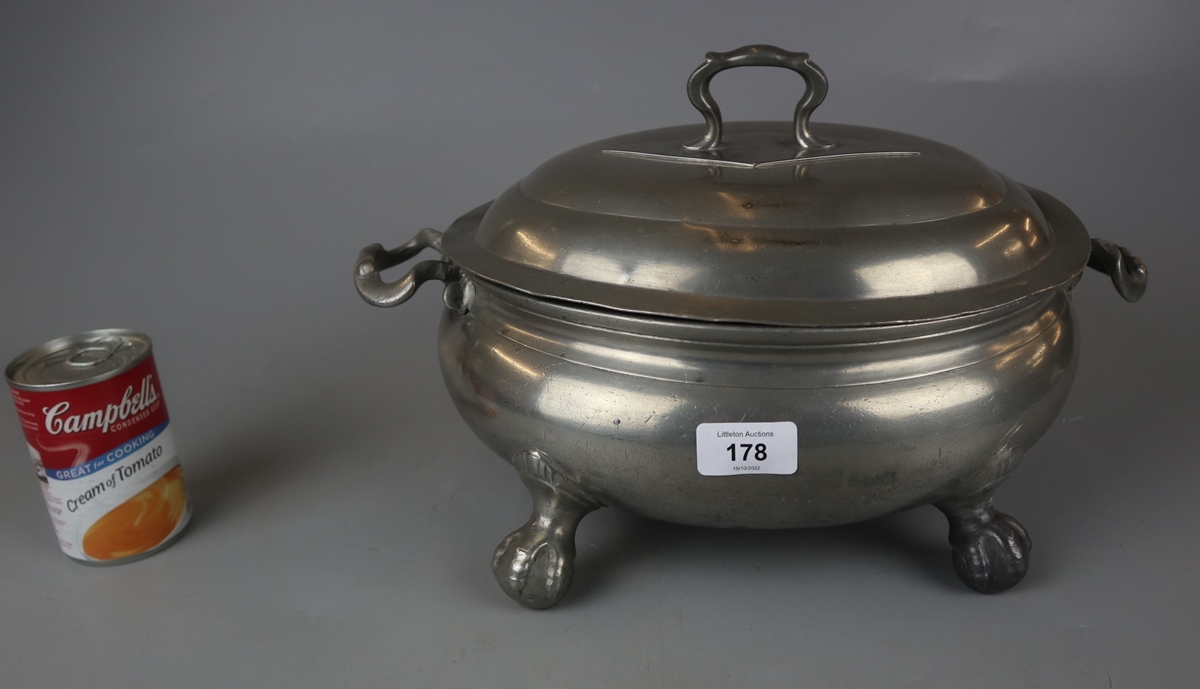 Antique pewter tureen with ball and claw feet