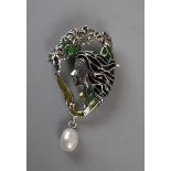 Silver and enamel pearl drop brooch