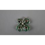 Silver enamel and garnet clover brooch