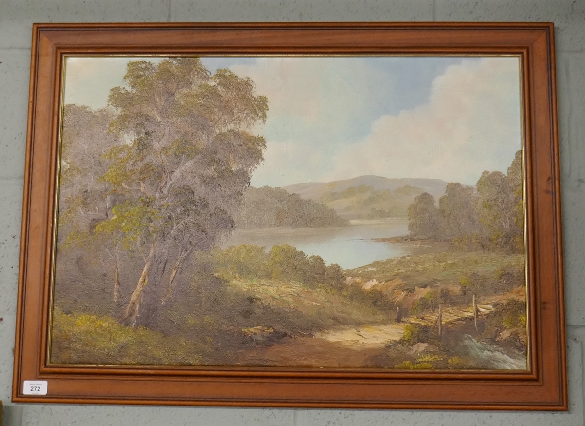 Oil on canvas - Lake scene - H. Chilton - Approx image size: 75cm x 50cm