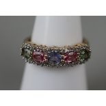 Gold, diamond and peridot pink tormaline and sapphire ring - Approx size: L