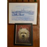 Watercolour of a terrier dog signed A Lord together with a signed print of Liverpool Waterfront