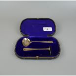 Cased hallmarked silver spoon and food pusher set