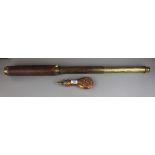 Brass day or night telescope by Arnolds of London in leather case together with powder flask