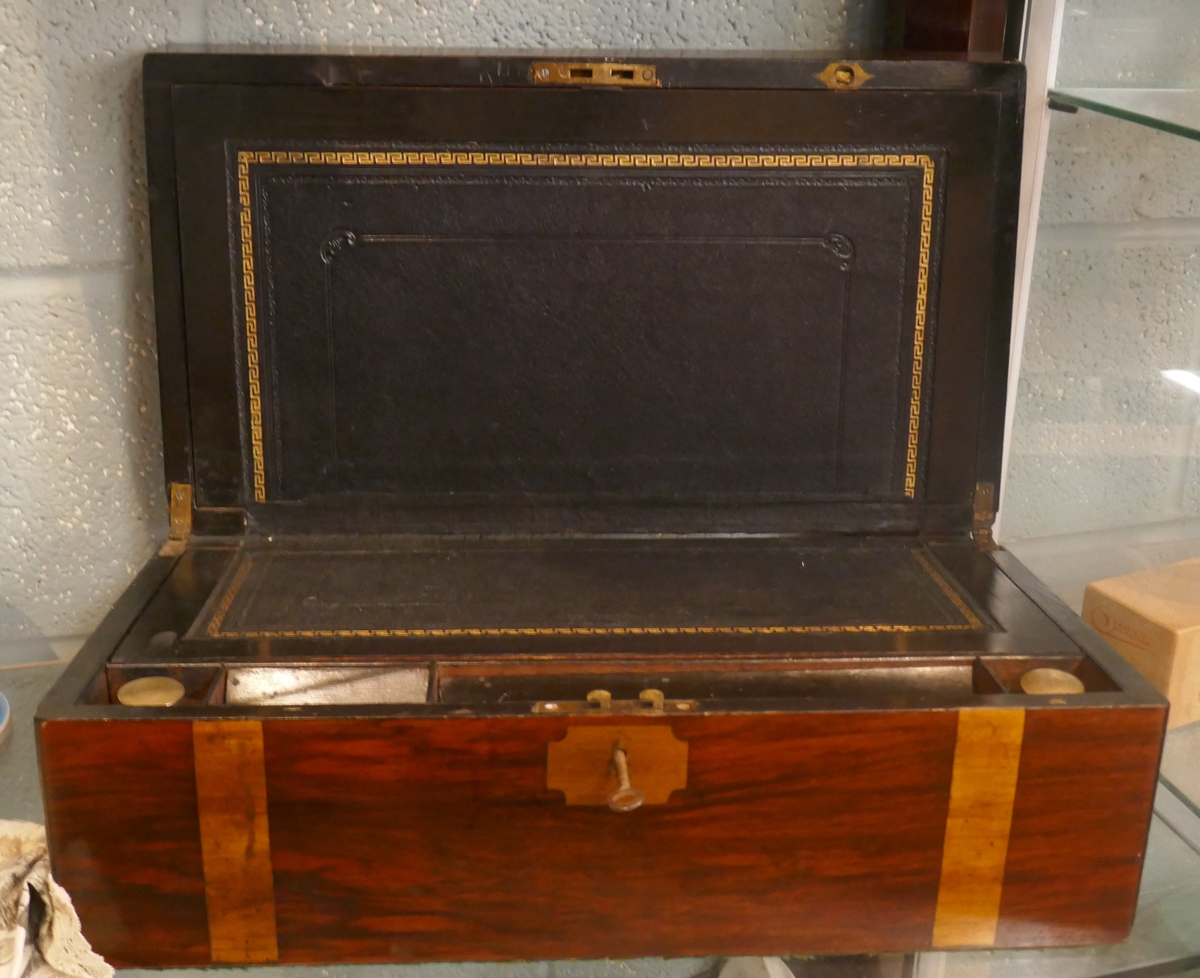 Victorian walnut writing slope with key and ink bottles