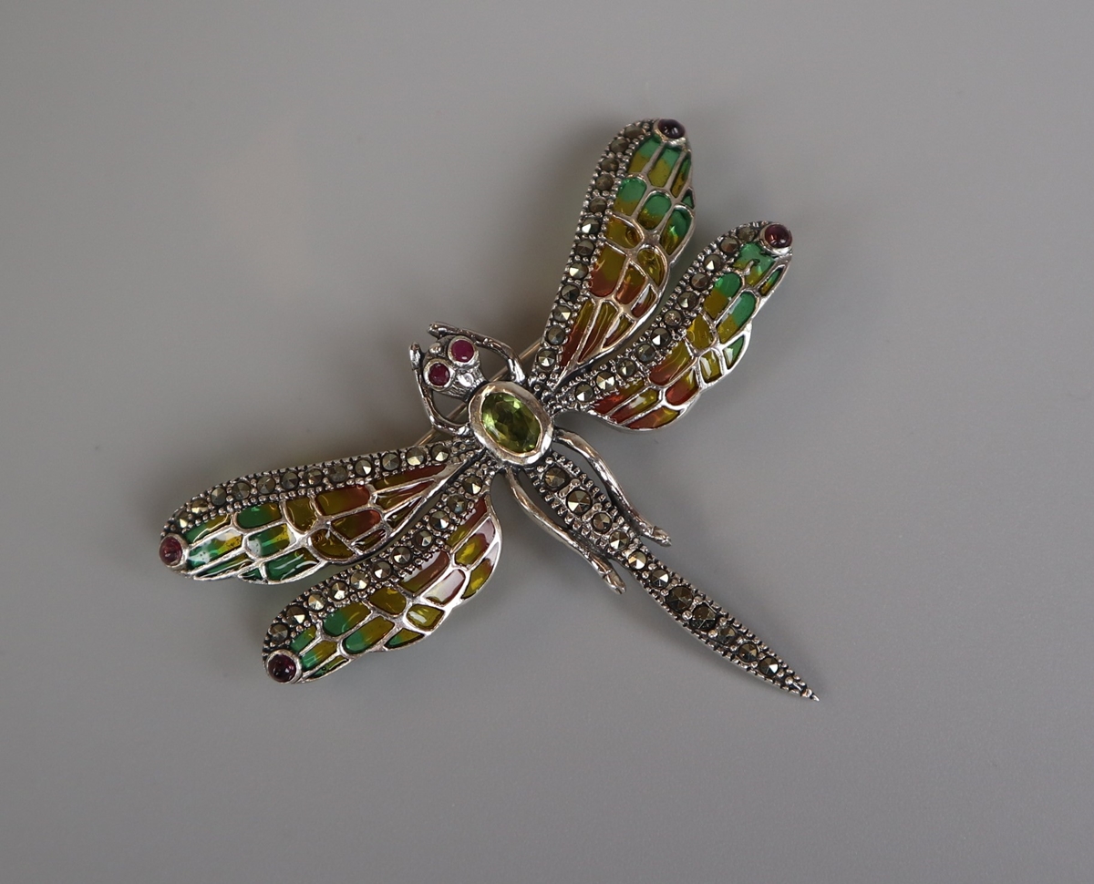 Silver enamel peridot ruby drangonfly brooch/pendant