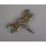 Silver enamel peridot ruby drangonfly brooch/pendant