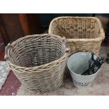 2 wicker log baskets together with kindling bucket and companion set