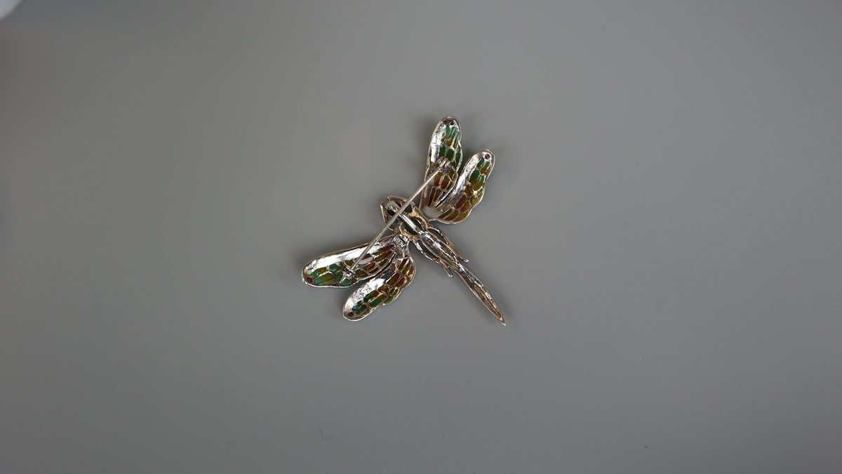 Silver enamel peridot ruby drangonfly brooch/pendant - Bild 2 aus 2