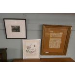 3 pictures including L/E print of Barn Owl, 1920s hand painted testimonial and silk embroidery