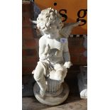 Resin statue of cherub on plinth - Approx height: 61cm