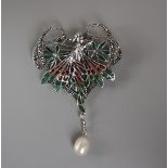 Silver & enamel pearl drop fairy pendent / brooch
