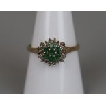 Gold emerald & diamond cluster ring - Size: P