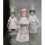 3 Lladro figures - 2 chefs and a waitress - 1 chef missing his knife