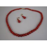 Chinese Carnelian necklace and earring set with gold clasp