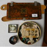 Marquetry inlaid Victorian tie press together with collection of vintage buttons etc