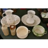 Collection of ceramics to include bed pan, bed warmers, wash bowls and jugs