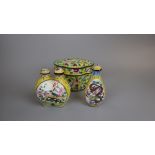 2 Oriental enamel scent bottles together with an enamel trinket box