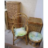 Collection or wicker furniture to include laundry basket, chair etc