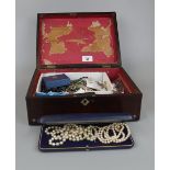 Inlaid rosewood jewellery box with costume jewellery to include silver