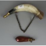 Small copper and brass powder flask and horn powder flask