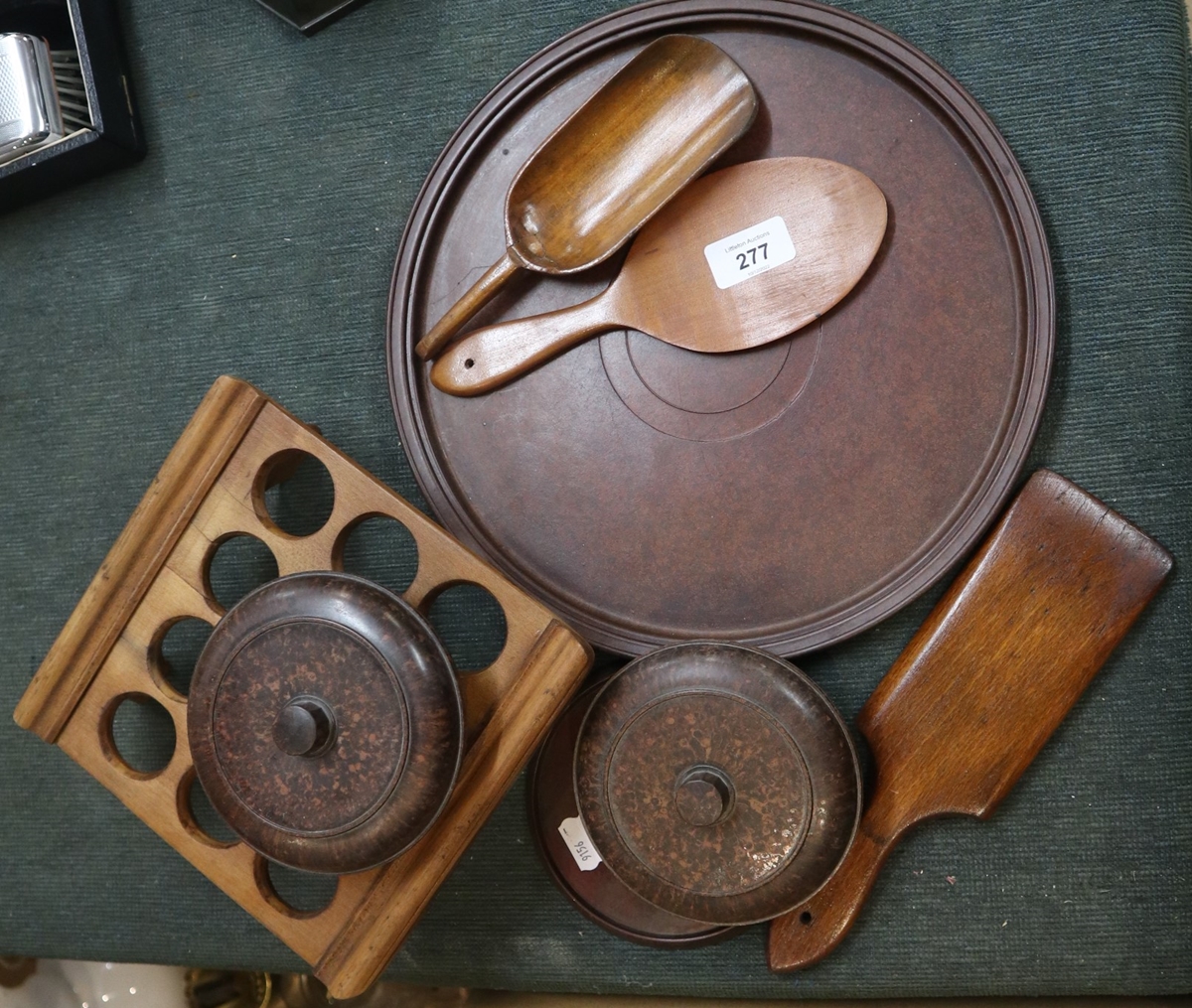 Collection of Treen and Bakelite to include egg stand