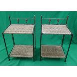 A pair of folding 2 tier metal and wicker side tables