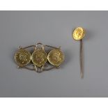 Gold brooch set with 18ct gold dollars - together with a gold stick pin set with 18ct gold dollar