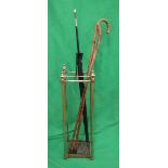 Brass stick stand silver handles parasol and 2 walking sticks