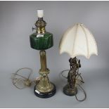 Converted oil lamp together with a metal lady figure lamp A/F