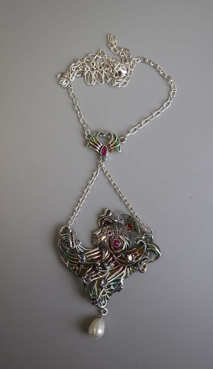 Silver & champleve enamel stone set Art Nouveau style pendant on chain