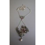 Silver & champleve enamel stone set Art Nouveau style pendant on chain