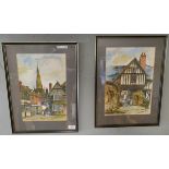 2 signed painted prints - The Market Place Evesham & The Gateway Evesham signed Barbara Bowen