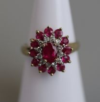 Gold ruby & diamond cluster ring - Size K